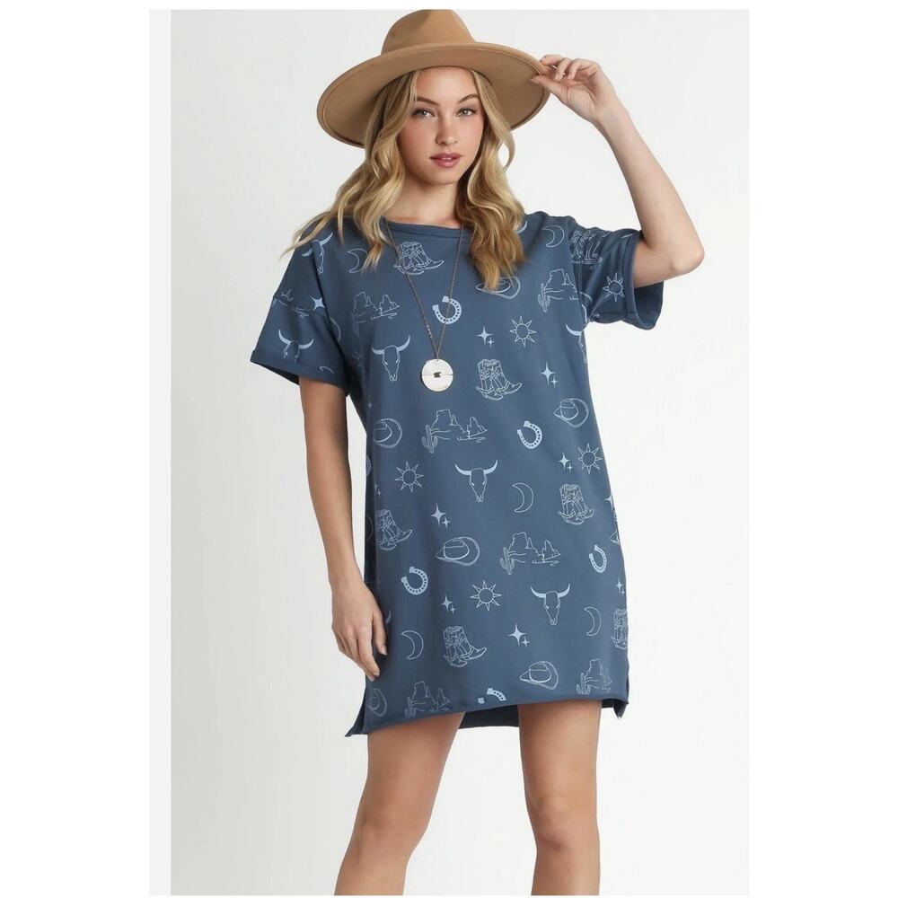Umgee Cowgirl Print French Terry Short Sleeve Round Neck Dress size Medium NEW